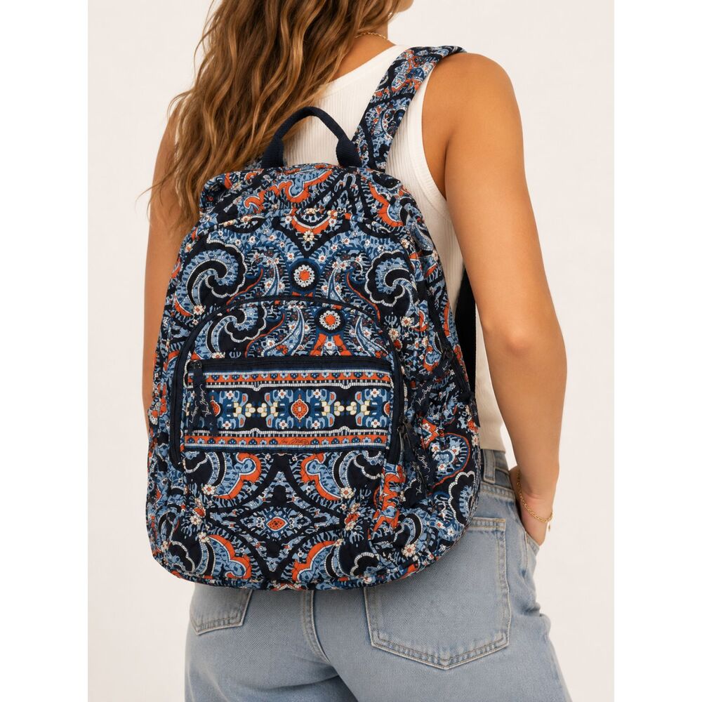 Vera Bradley Marrakesh Quilted Cotton Backpack School Travel Blue Orange
